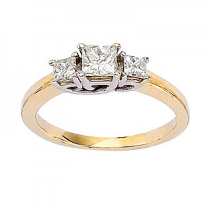 14K Yellow Gold Trellis Three Stone .75 Ct Princess Diamond Ring