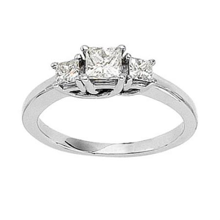 14K White Gold Trellis Three Stone .75 Ct Princess Diamond Ring