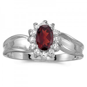 10k White Gold Oval Garnet And Diamond Ring