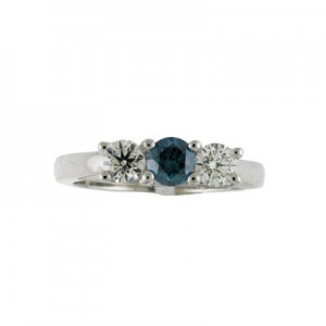 14K White Gold Three Stone 1 Ct Round White and Blue Diamond Ring