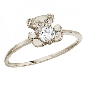 10K White Gold Baby Teddy Bear and White Topaz Ring