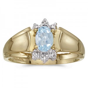 10k Yellow Gold Oval Aquamarine And Diamond Ring