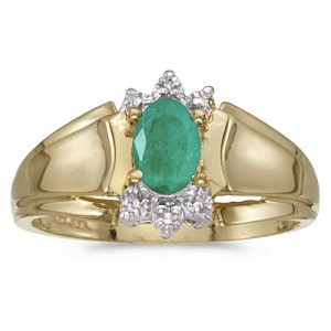 10k Yellow Gold Oval Emerald And Diamond Ring