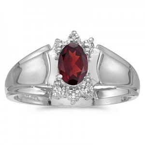 10k White Gold Oval Garnet And Diamond Ring