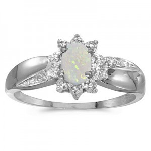 10k White Gold Oval Opal And Diamond Ring