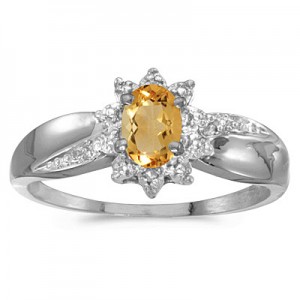 10k White Gold Oval Citrine And Diamond Ring