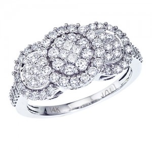 14K White Gold Three Stone 1 Ct Diamond Clustaire Ring