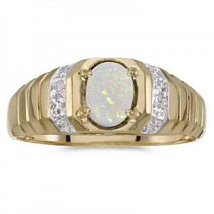 10k Yellow Gold Oval Opal And Diamond Ring