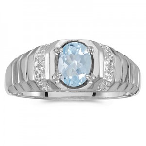 10k White Gold Oval Aquamarine And Diamond Ring