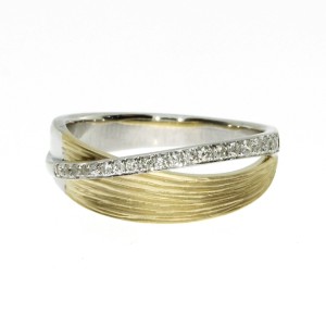 14K Two Tone White and Yellow Gold Brushed Diamond Fashion Ring