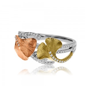 14K Tricolor Yellow, White and Rose Gold Leaf Diamond Fashion Ring