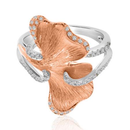 14K Two Tone White and Rose Gold Diamond Leaf Fashion Ring