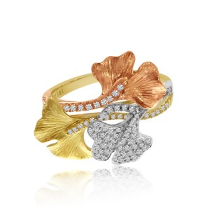 14K Tricolor Yellow, White and Rose Gold 3 Leaf Diamond Fashion Ring