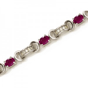 14K White Gold Oval Ruby and Diamond Bracelet