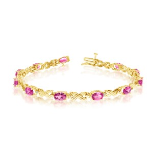 10K Yellow Gold Oval Pink Topaz and Diamond Bracelet