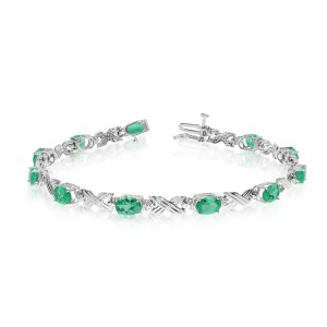 14K White Gold Oval Emerald and Diamond Bracelet