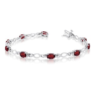 14K White Gold Oval Garnet and Diamond Bracelet