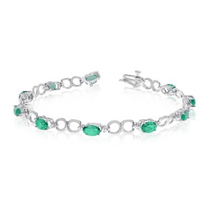 10K White Gold Oval Emerald and Diamond Bracelet