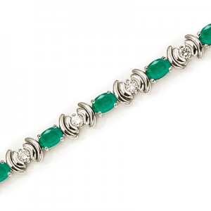 14K White Gold Oval Emerald and Diamond Bracelet