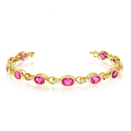 10K Yellow Gold Oval Pink Topaz and Diamond Bracelet