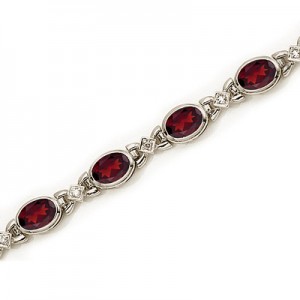 14K White Gold Oval Garnet and Diamond Bracelet