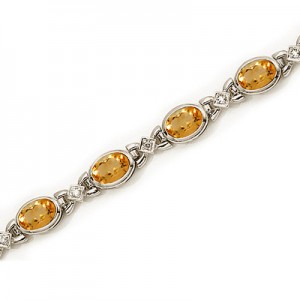 14K White Gold Oval Citrine and Diamond Bracelet