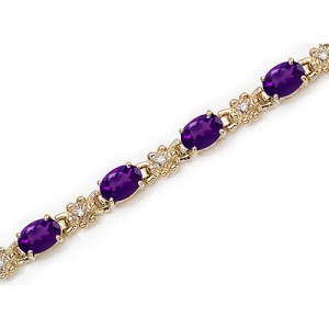 14K Yellow Gold Oval Amethyst and Diamond Bracelet