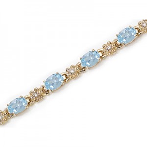 14K Yellow Gold Oval Aquamarine and Diamond Bracelet