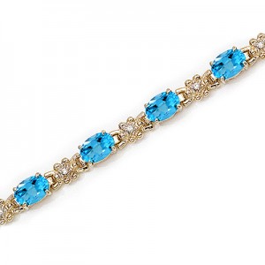 14K Yellow Gold Oval Blue Topaz and Diamond Bracelet