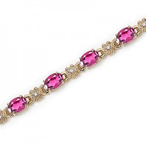 14K Yellow Gold Oval Pink Topaz and Diamond Bracelet