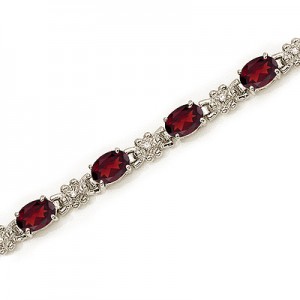 14K White Gold Oval Garnet and Diamond Bracelet