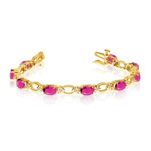 14K Yellow Gold Oval Pink Topaz and Diamond Bracelet