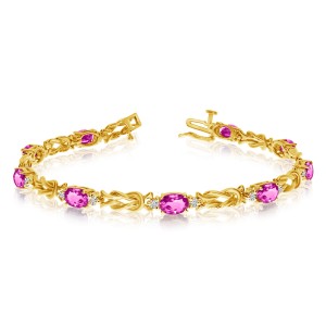 14K Yellow Gold Oval Pink Topaz and Diamond Bracelet