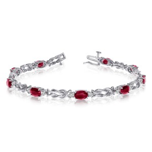 14K White Gold Oval Garnet and Diamond Bracelet