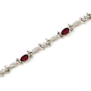 14K White Gold Oval Garnet and Diamond Bracelet