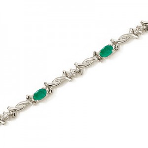 14K White Gold Oval Emerald and Diamond Bracelet