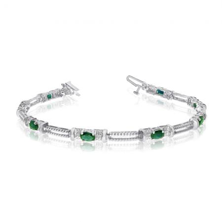 10K White Gold Oval Emerald and Diamond Bracelet