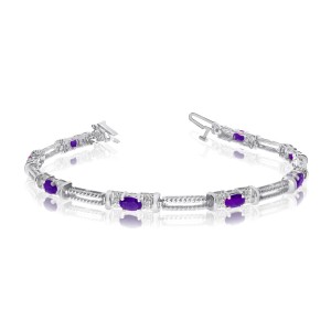 14K White Gold Oval Amethyst and Diamond Bracelet