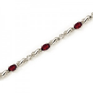 14K White Gold Oval Garnet and Diamond Bracelet