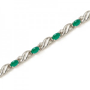 14K White Gold Oval Emerald and Diamond Bracelet