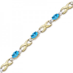 14K Yellow Gold Oval Blue Topaz and Diamond Bracelet