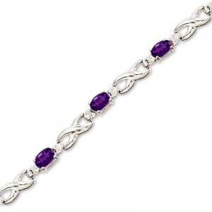 14K White Gold Oval Amethyst and Diamond Bracelet