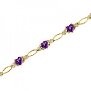 14K Yellow Gold Heart Amethyst and Diamond Bracelet