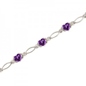 14K White Gold Heart Amethyst and Diamond Bracelet