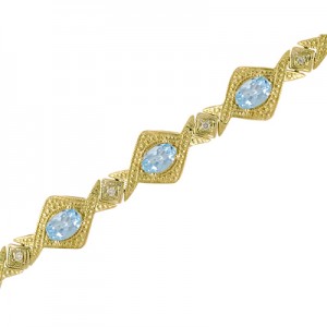 14K Yellow Gold Oval Aquamarine and Diamond Bracelet