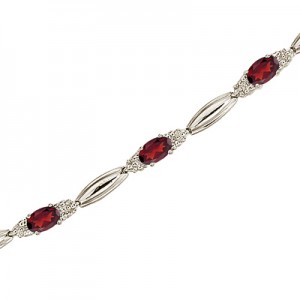 14K White Gold Oval Garnet and Diamond Bracelet