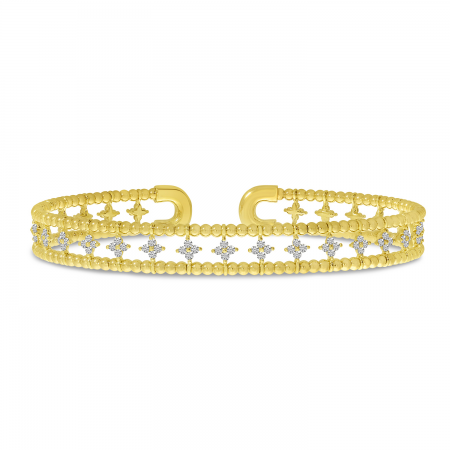 14K Yellow Gold Double Row Flower Diamond Flexible Cuff Bracelet