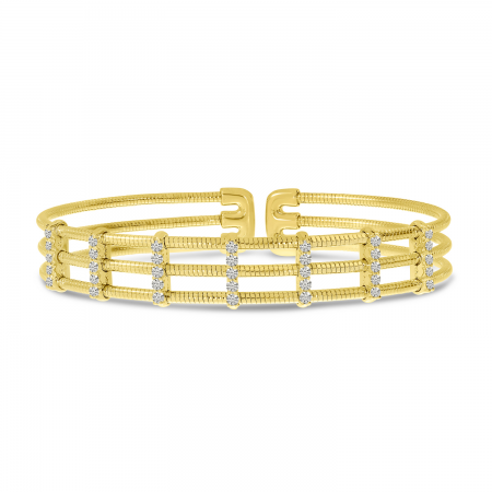 14K Yellow Gold Triple Row Diamond Flexible Cuff Bracelet