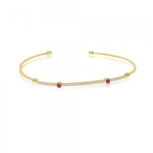 14K Yellow Gold Precious Ruby and Diamond Minimal Fashion Bangle