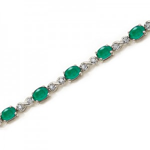 14K White Gold Oval Emerald and Diamond Bracelet